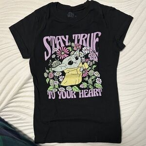 Star Wars Black Tee with Baby Yoda and Floral Design